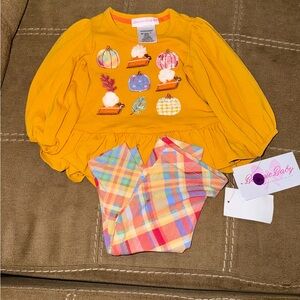 Girls' Mustard Pumpkin Appliqué Top & Plaid Leggings Set